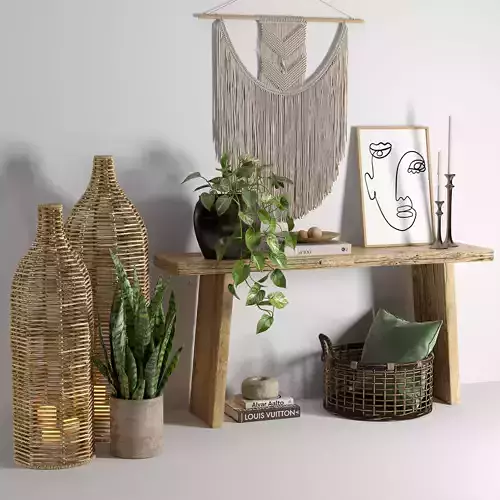 Decor set wooden table with plants and wall hanging 3D model