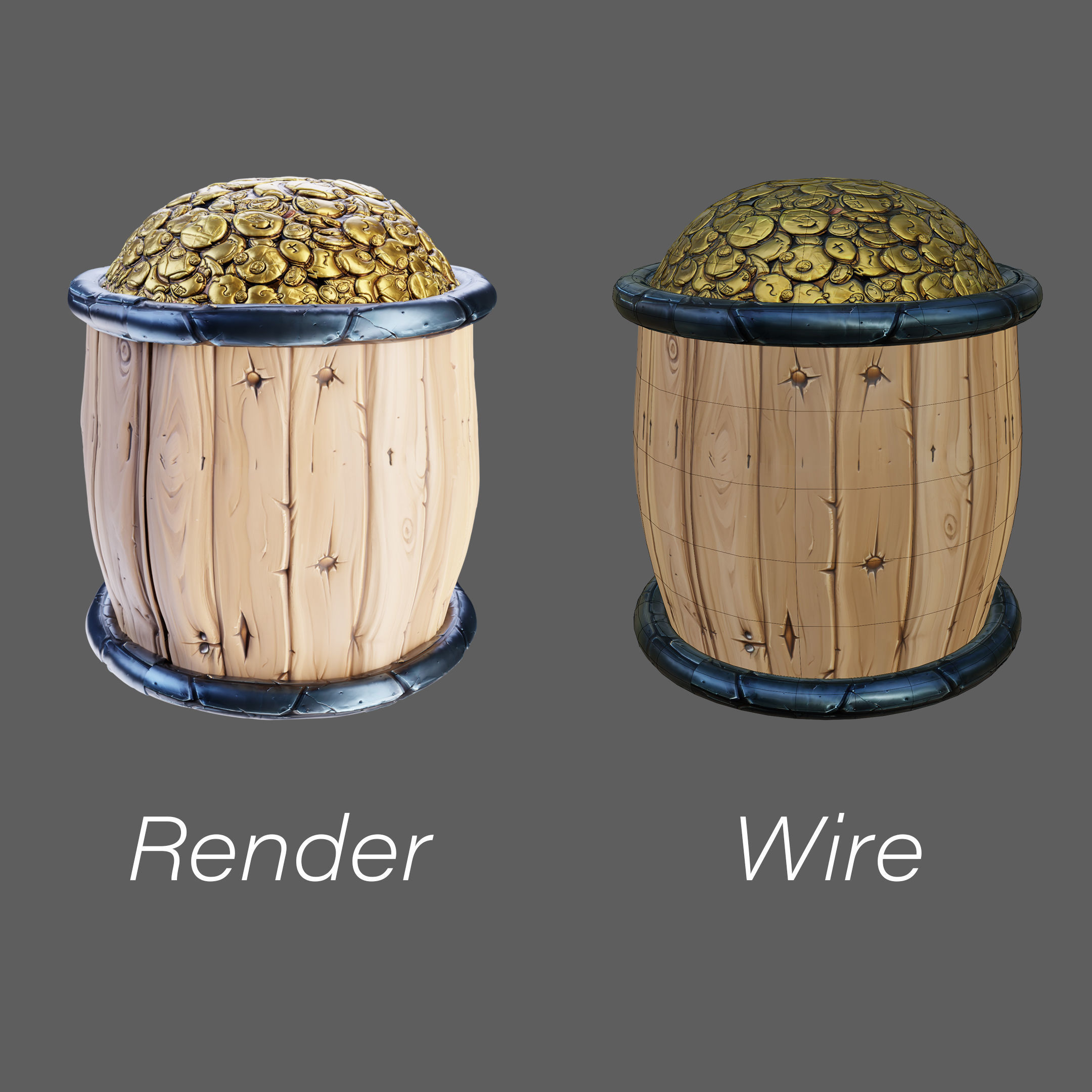 Stylised Toon Barrel with Coins Low-poly 3D model_2