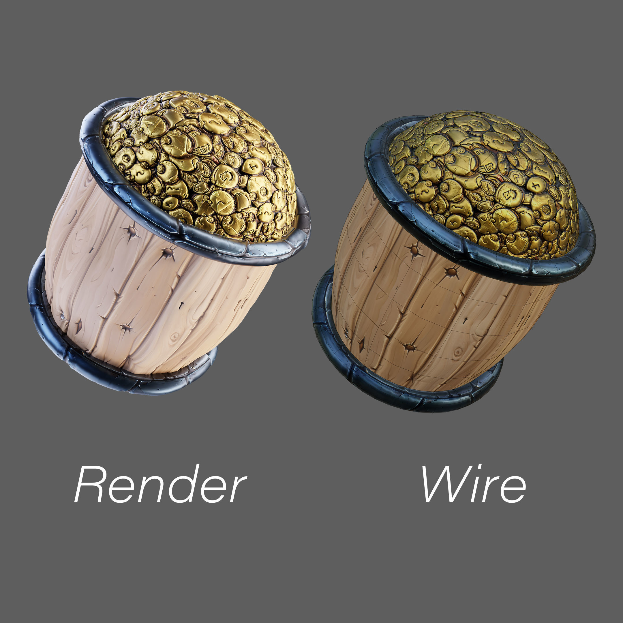 Stylised Toon Barrel with Coins Low-poly 3D model_4
