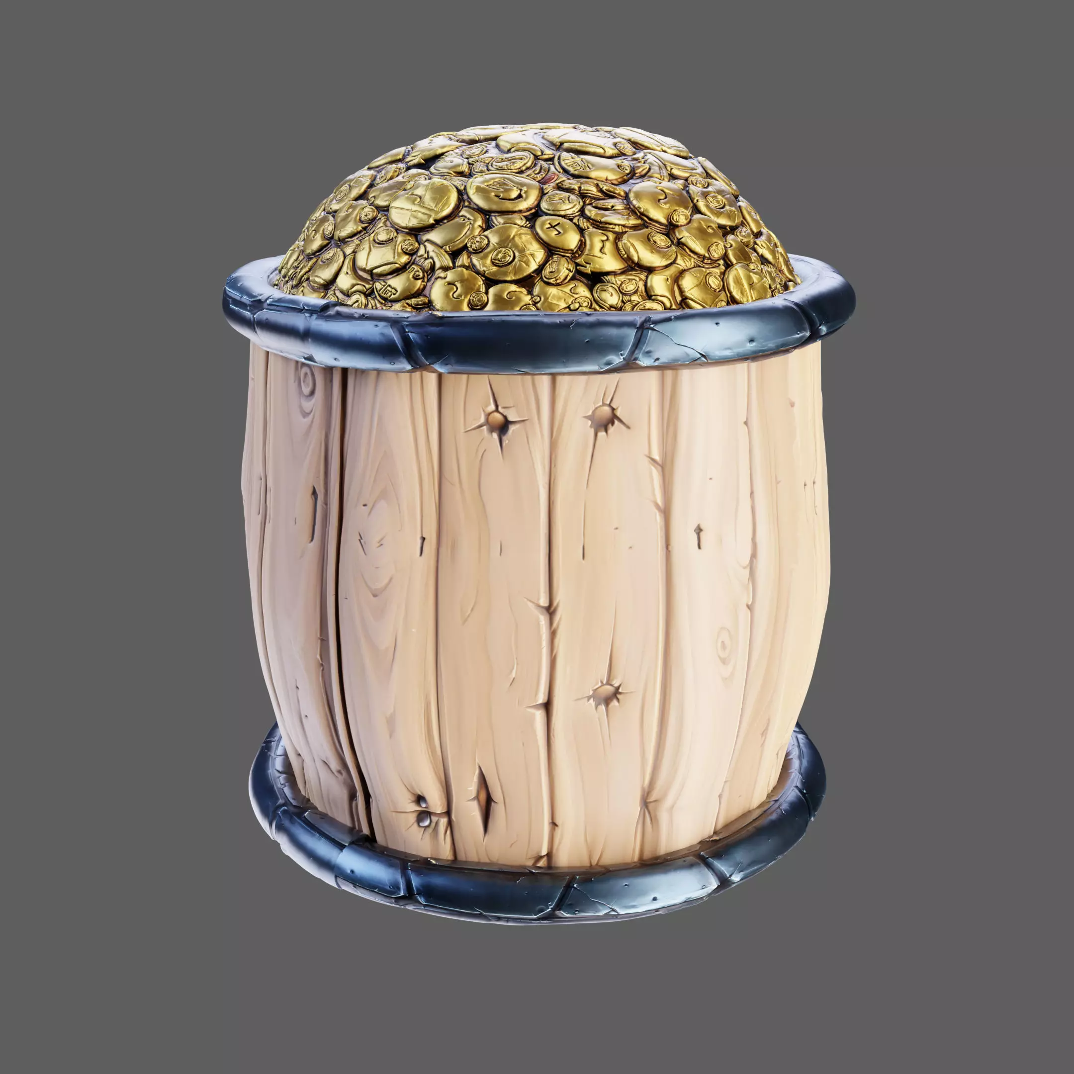 Stylised Toon Barrel with Coins Low-poly 3D model_0