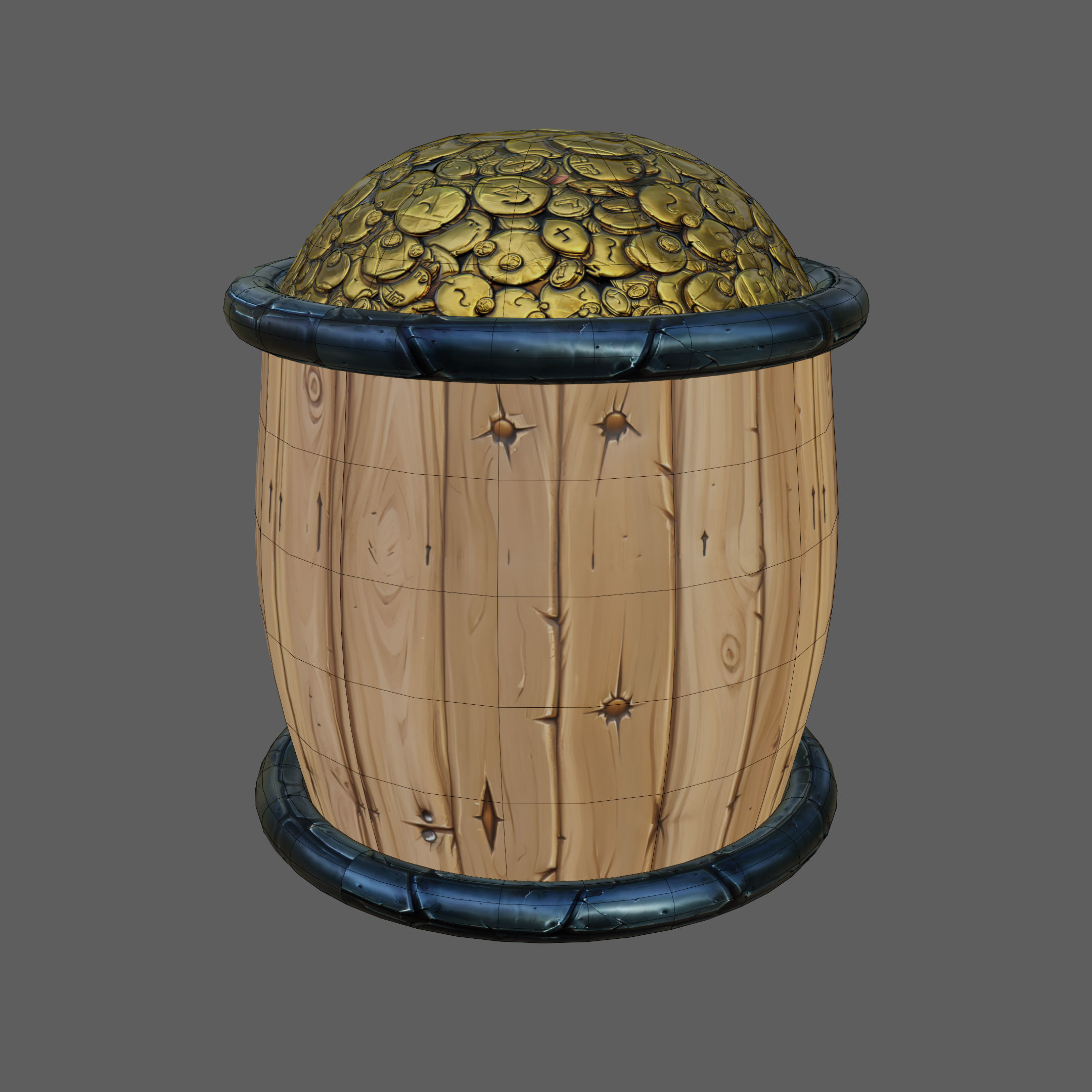 Stylised Toon Barrel with Coins Low-poly 3D model_1