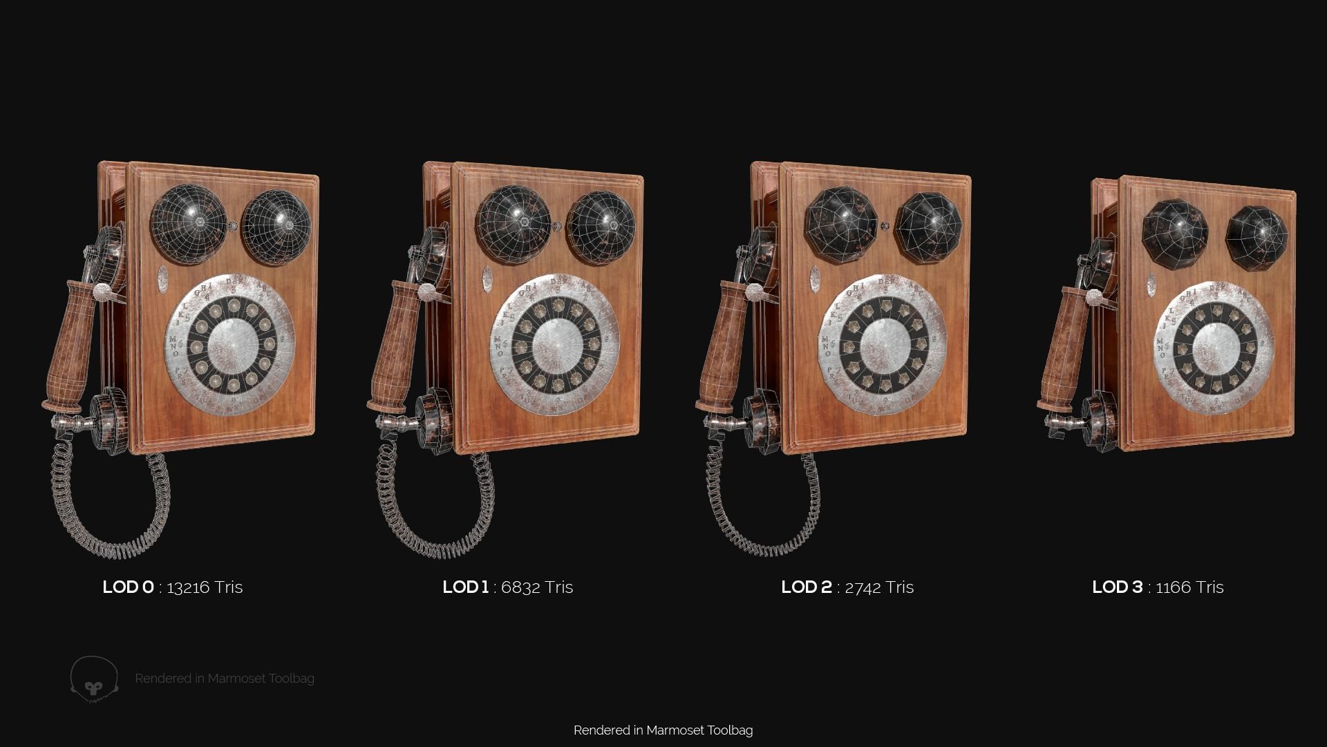 Wooden Antique Phone Low-poly 3D model_10
