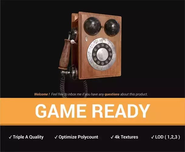 Wooden Antique Phone Low-poly 3D model