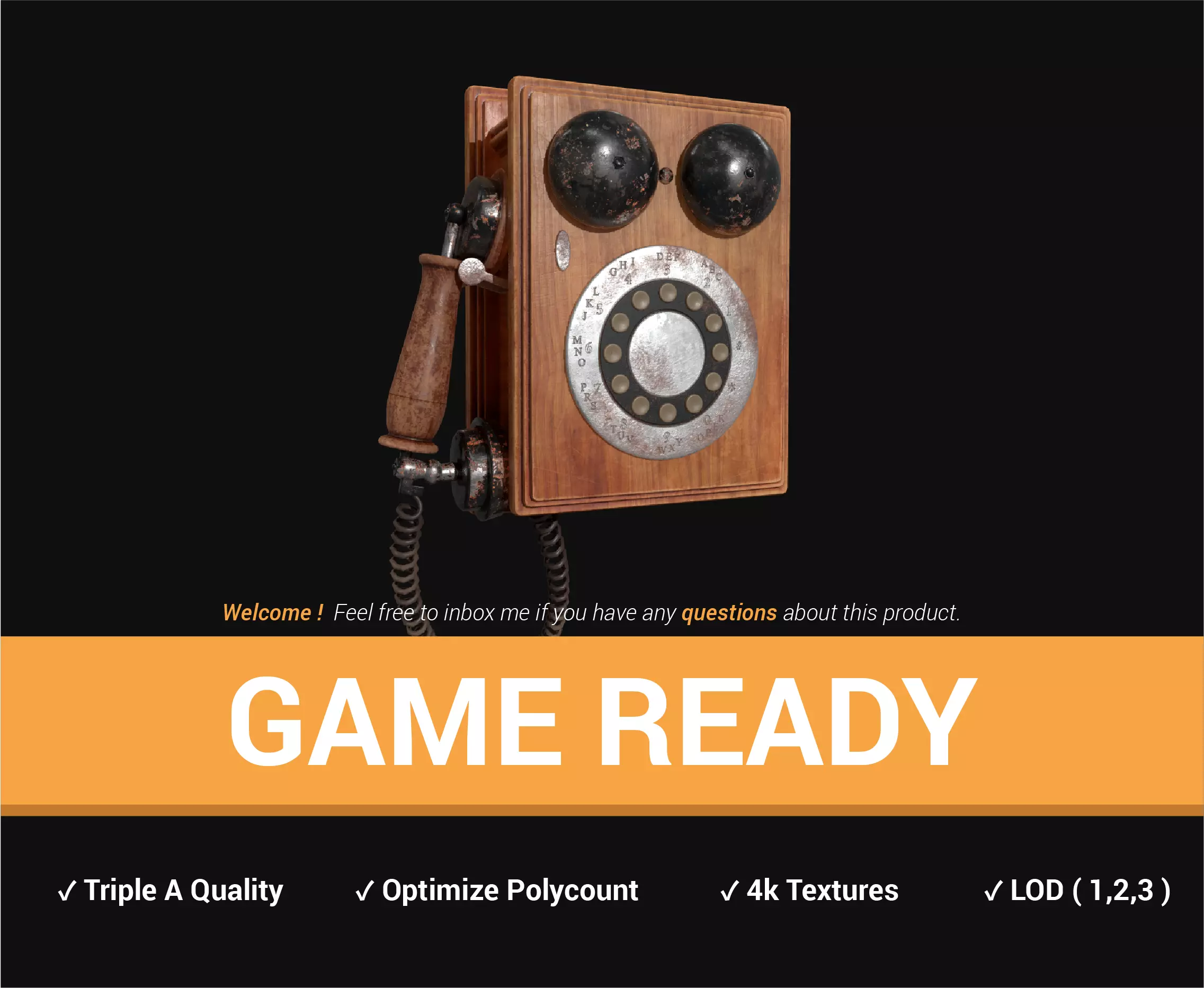 Wooden Antique Phone Low-poly 3D model_0