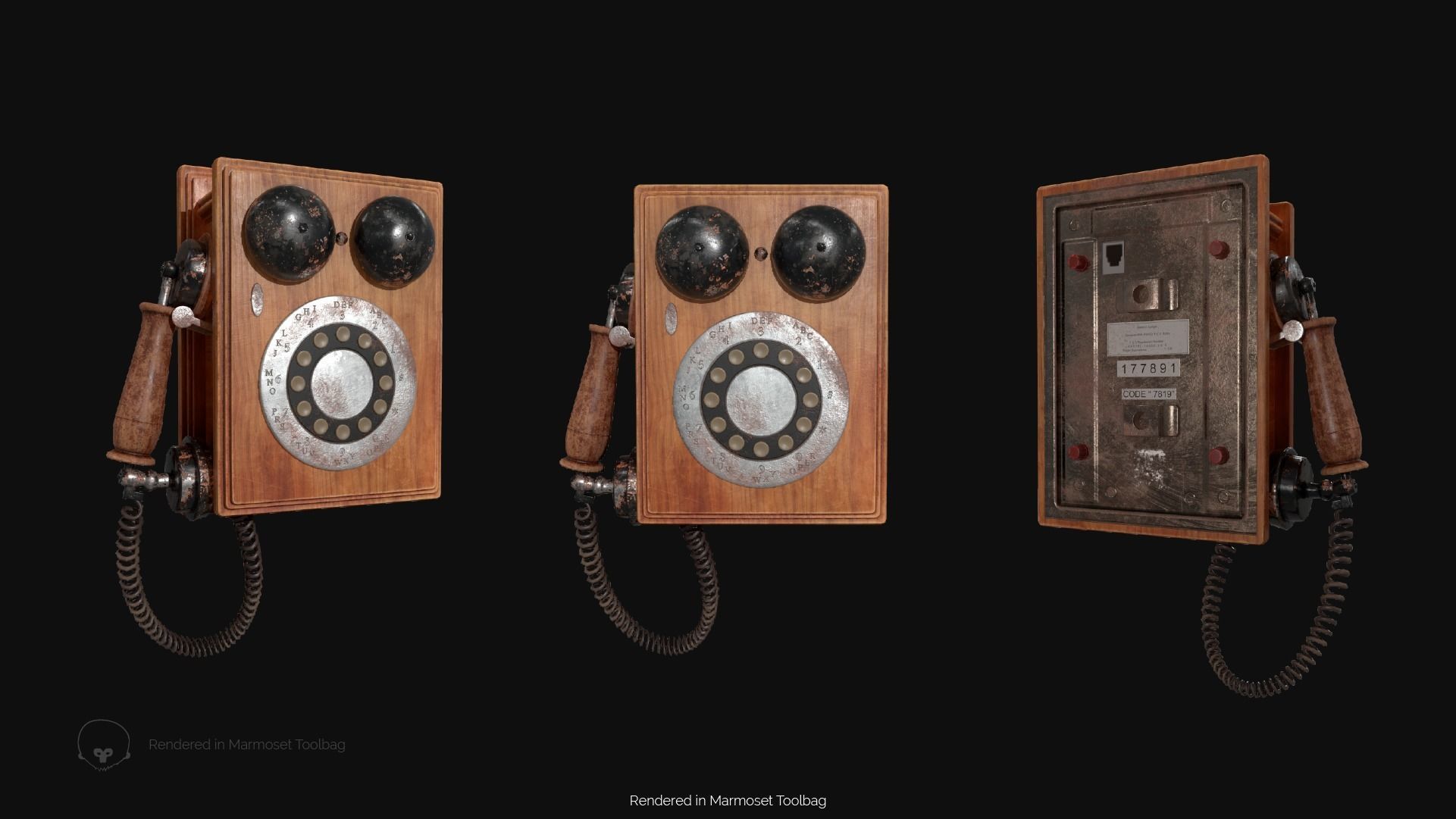 Wooden Antique Phone Low-poly 3D model_4