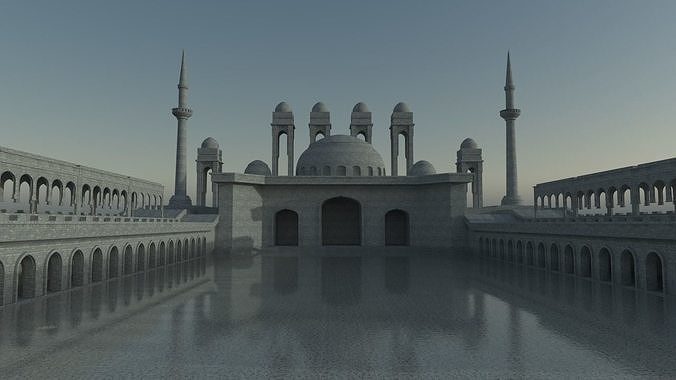 Mosque in middle of lake Low-poly 3D model