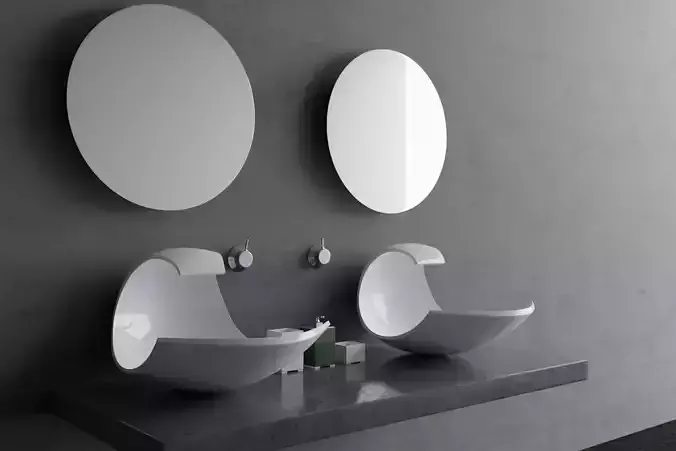 Washbasin 3d PBR model two bathroom sinks with mirrors on wall 3D model
