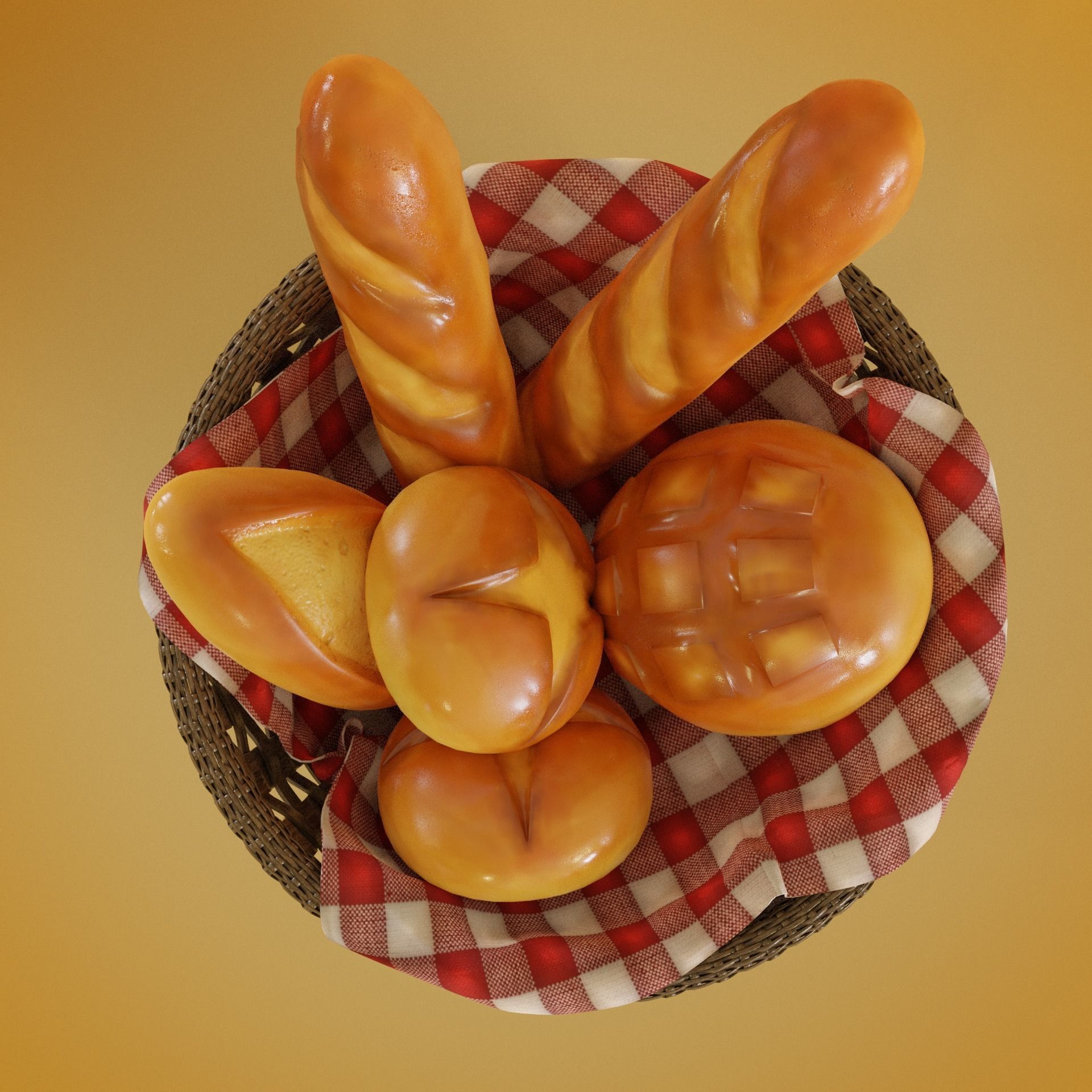 Bread basket wicker cartoon style 3D model_2