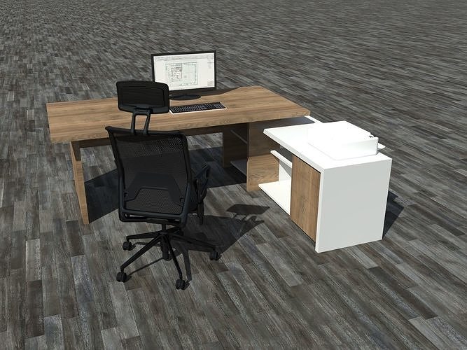 Desk1 office desk with computer and chair 3D model