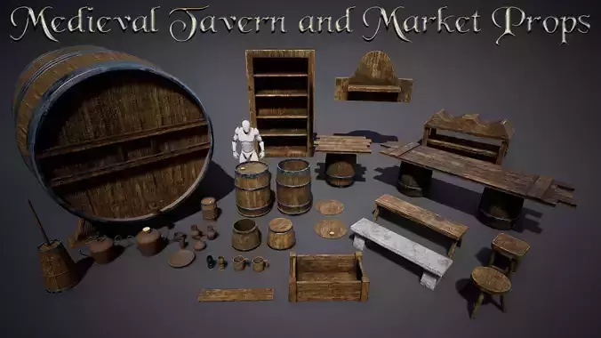 Medieval Tavern and Market Assets Pack Low-poly 3D model
