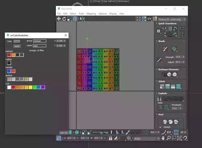 uvwColorSwatches computer screen showing different color options 3D model
