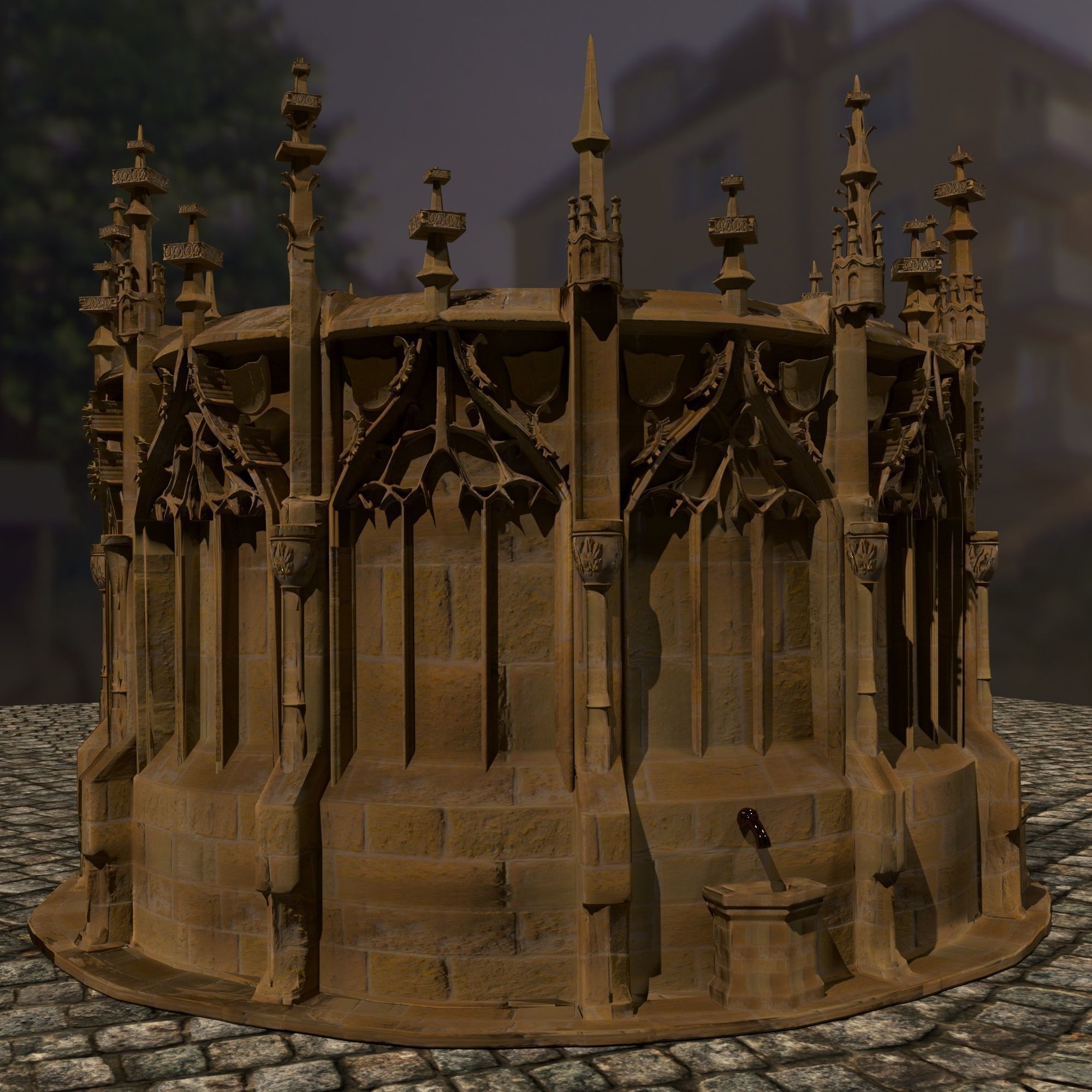 Gothic fountain Low-poly 3D model_1