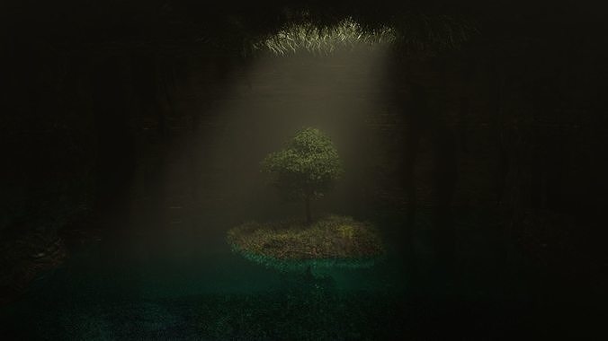 Dark cave with tree 3D model