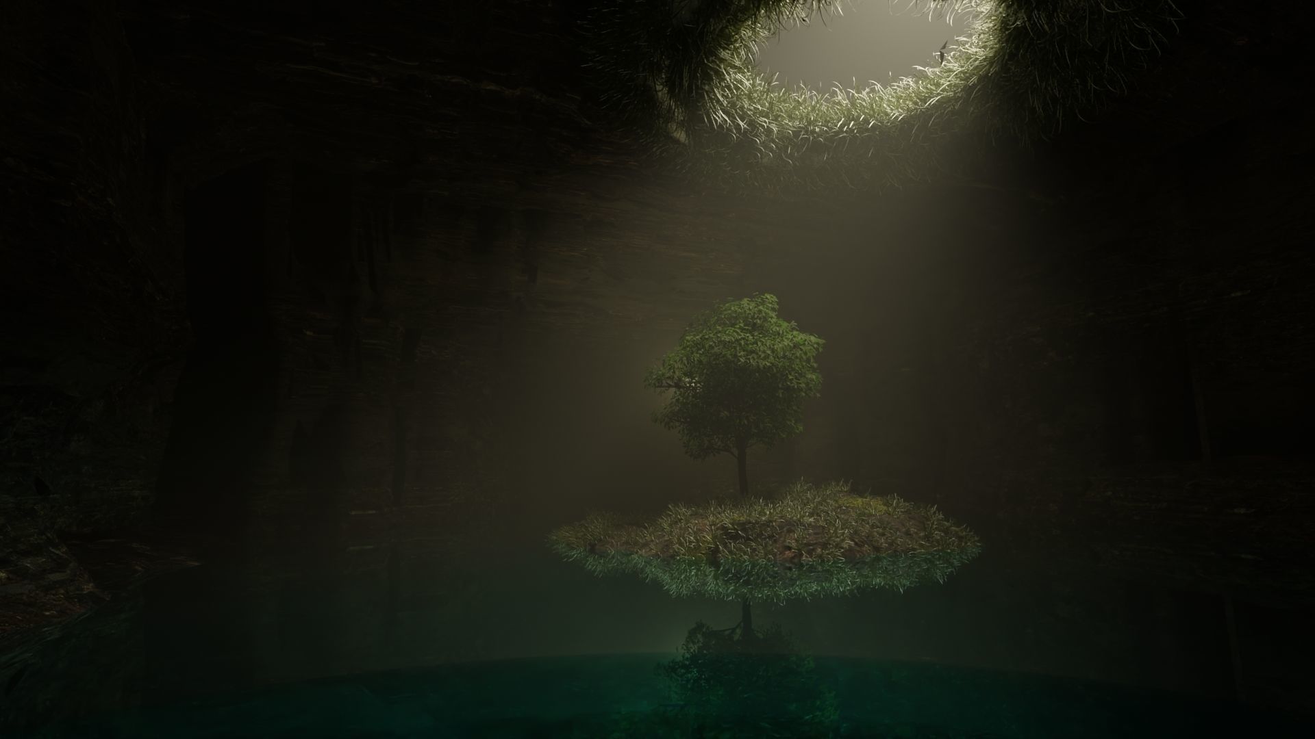 Dark cave with tree 3D model_1