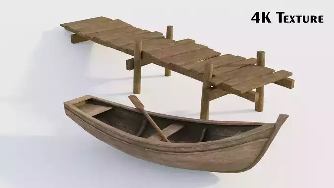 Old Wooden Row Boat And Dock Low-poly 3D model