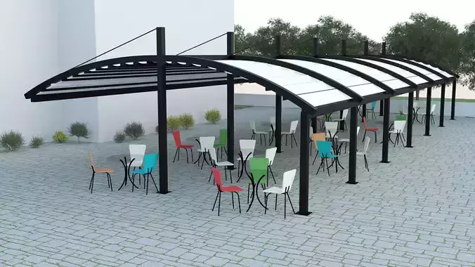 Awning outdoor cafe with tables and chairs