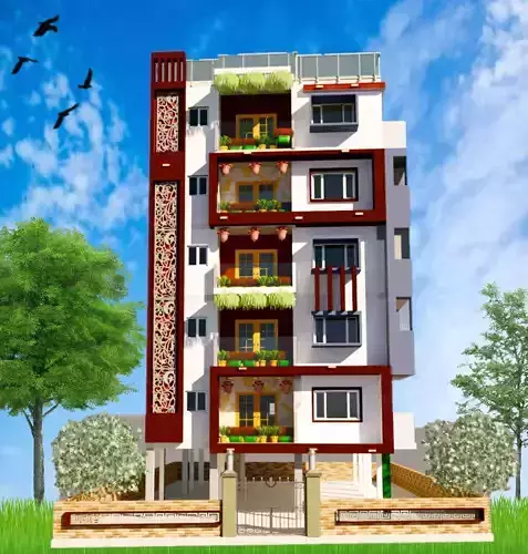 Apartment building with birds flying in sky