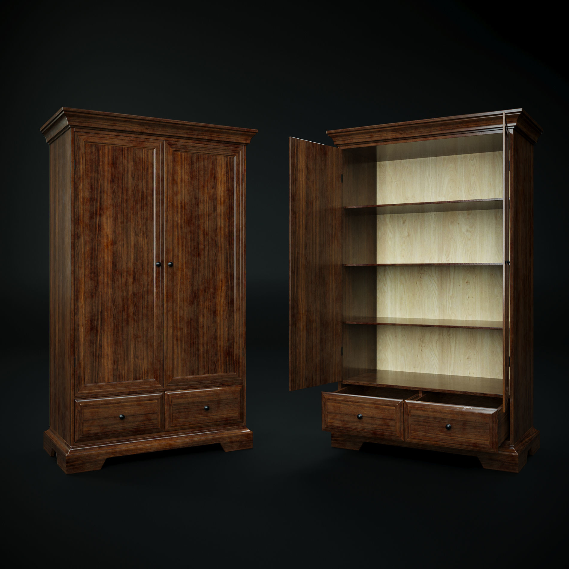 Cabinet old wooden wardrobe 3D model_2