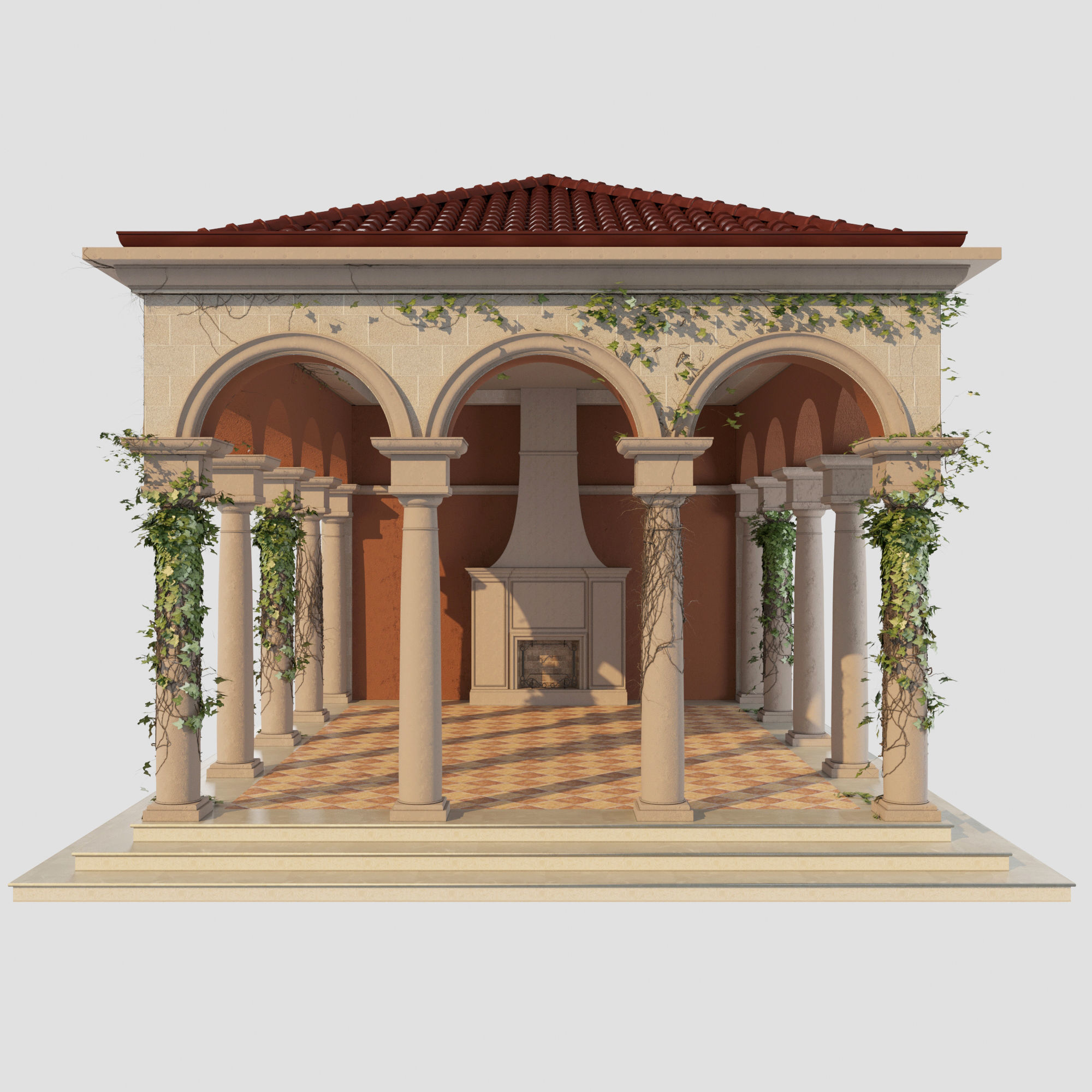 Gazebo courtyard with columns and ivy 3D model_8