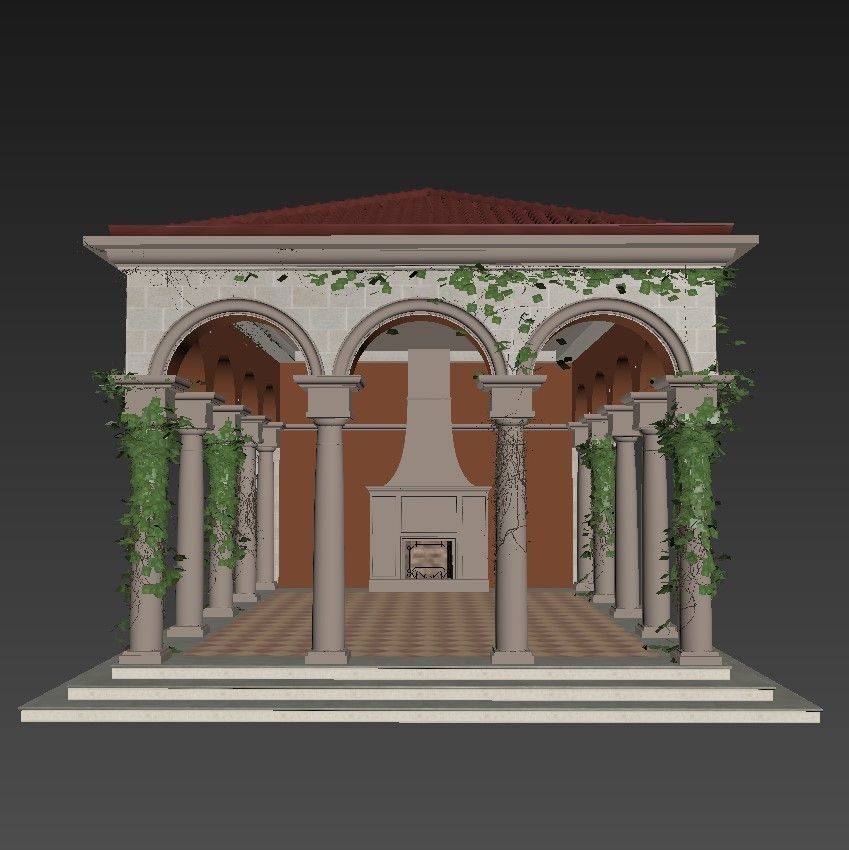 Gazebo courtyard with columns and ivy 3D model_2