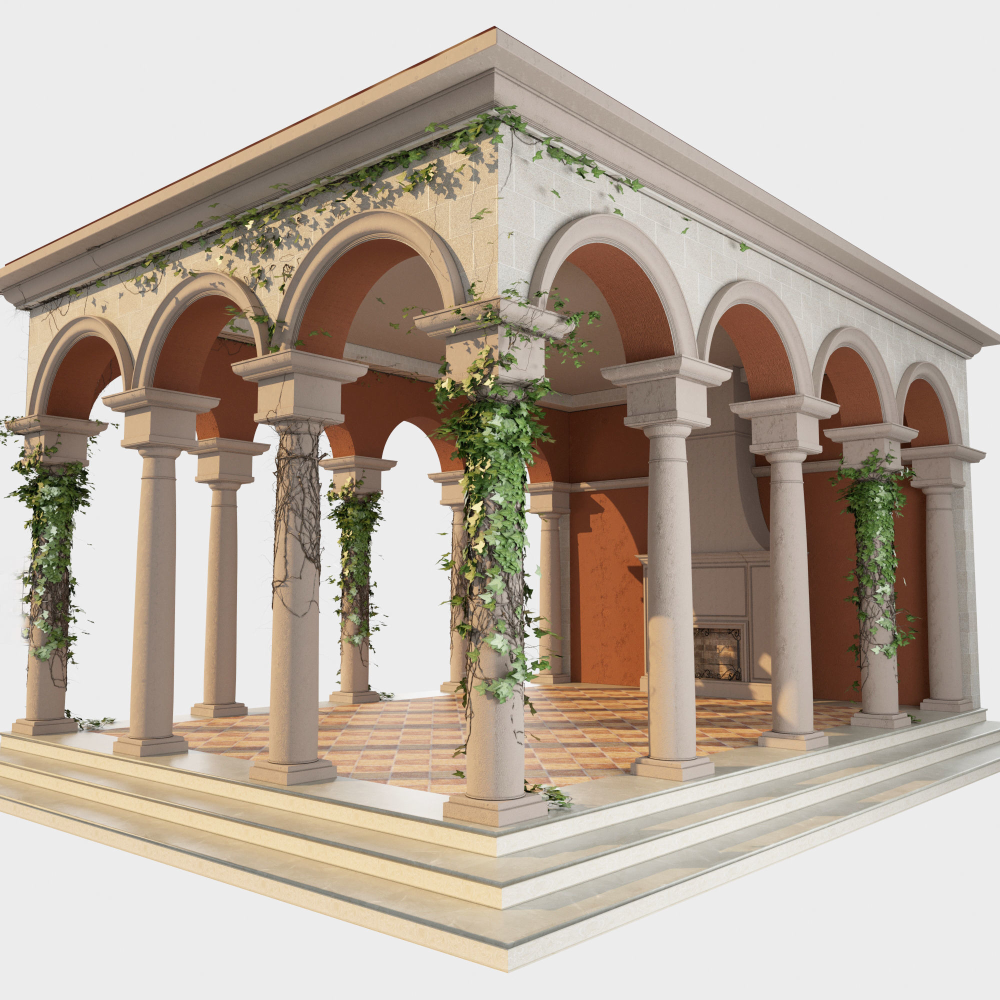 Gazebo courtyard with columns and ivy 3D model_7