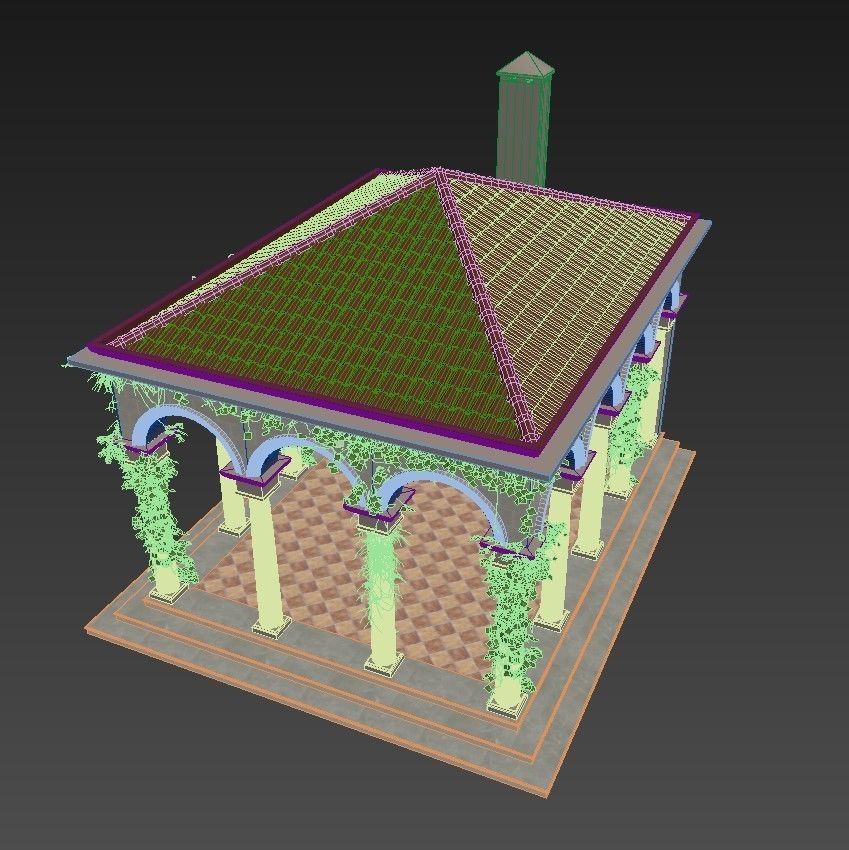 Gazebo courtyard with columns and ivy 3D model_1