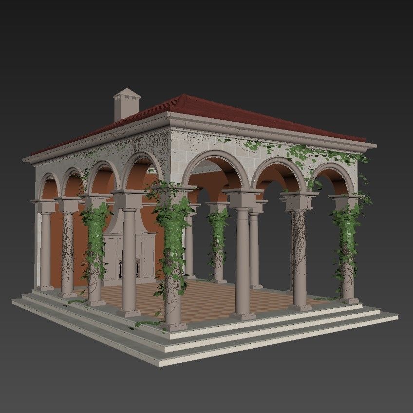 Gazebo courtyard with columns and ivy 3D model_13