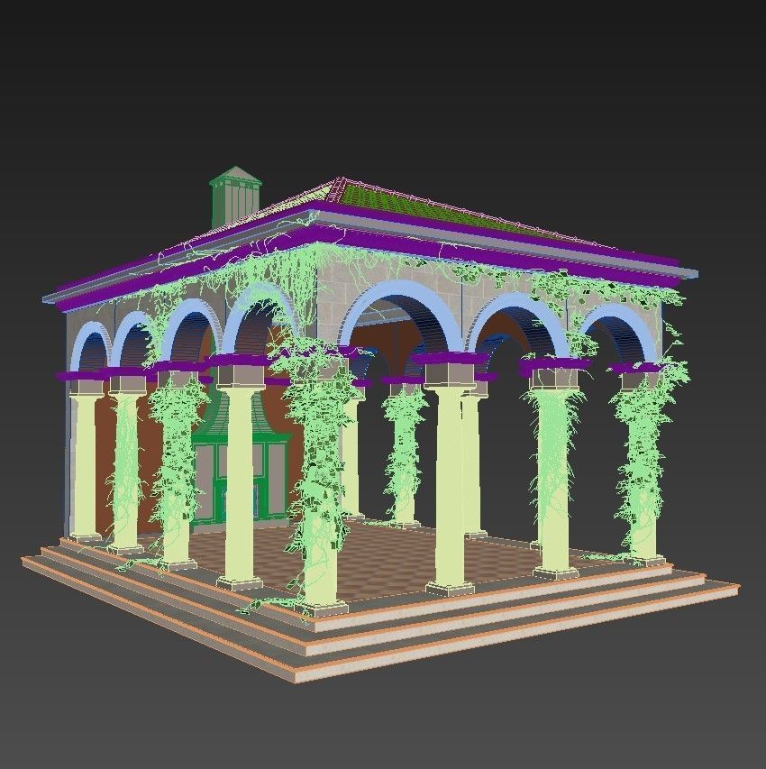 Gazebo courtyard with columns and ivy 3D model_14