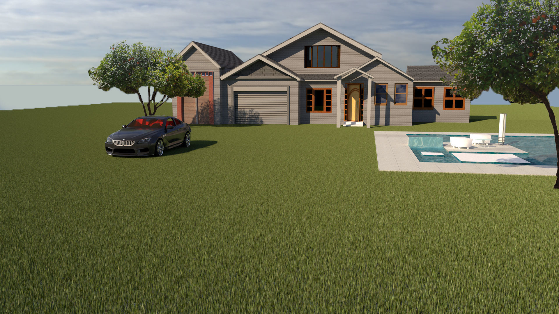 Exterior house with pool and car Free 3D model_1