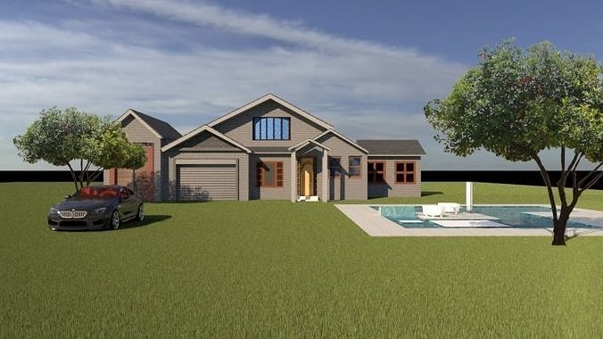 Exterior house with pool and car Free 3D model
