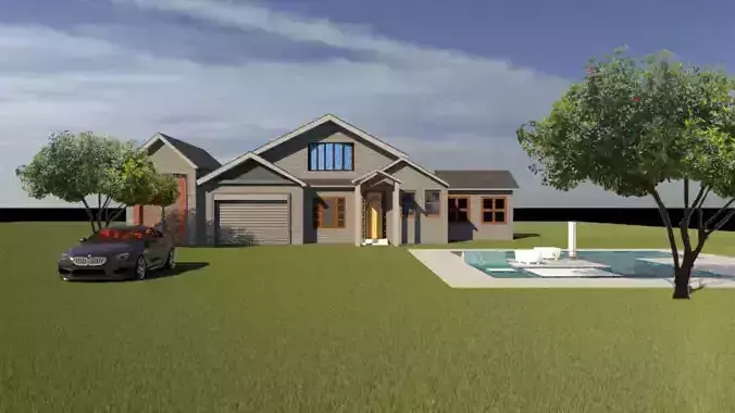 Exterior house with pool and car