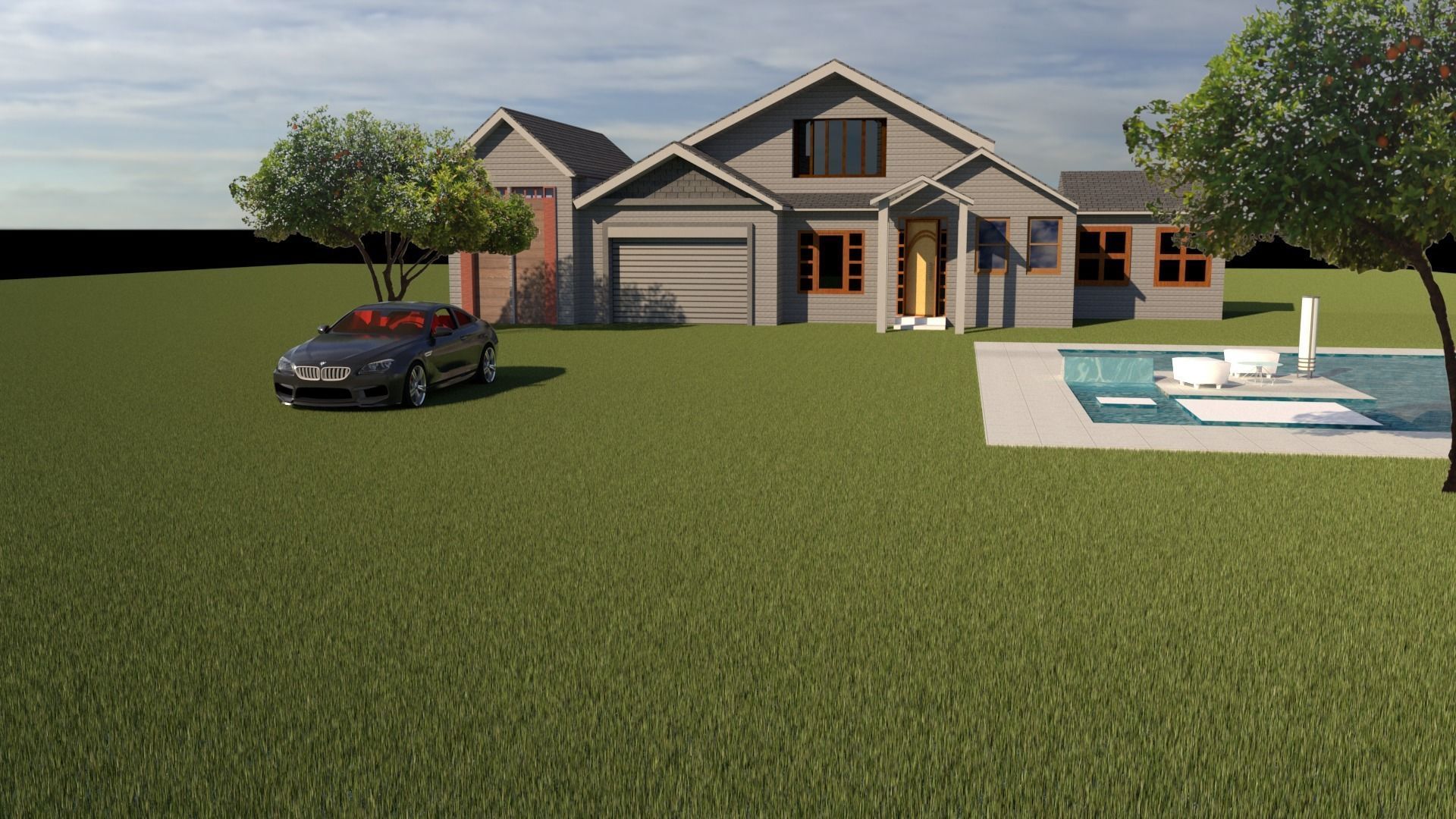 Exterior house with pool and car Free 3D model_2