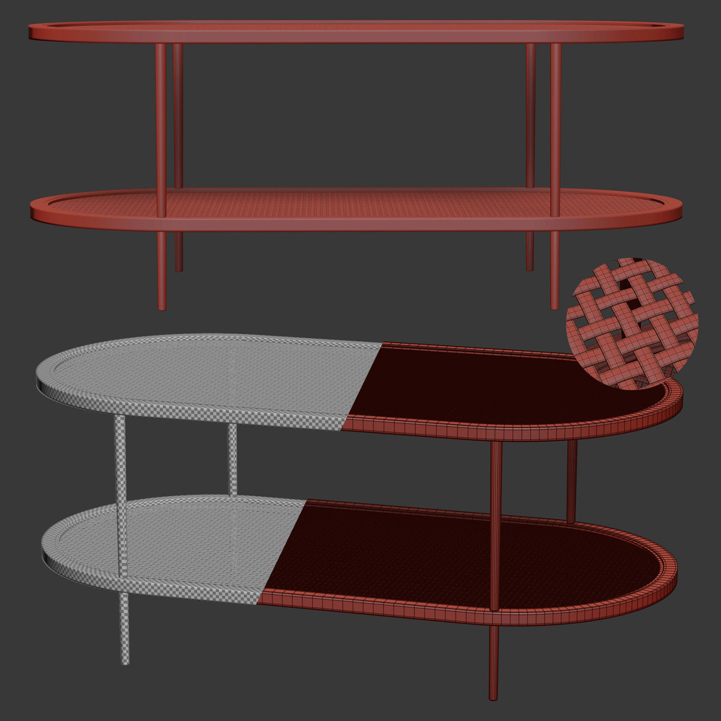 Large wooden rattan coffee table  3D model_7