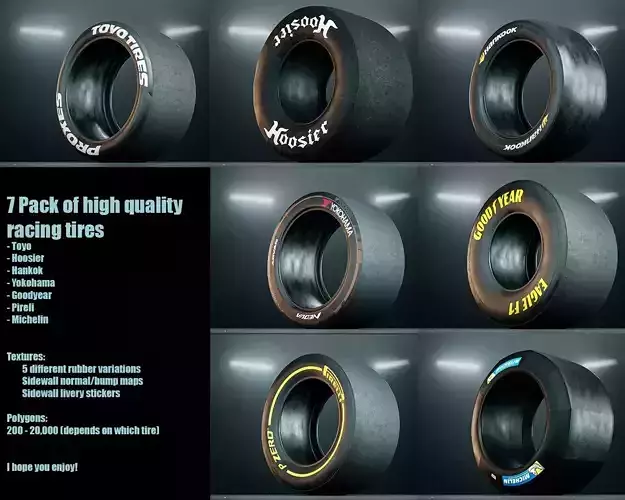 Racing Slick Tires - 7 pack Low-poly 3D model