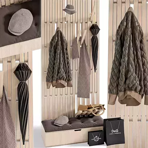 Hallway wooden coat rack with clothes and bags