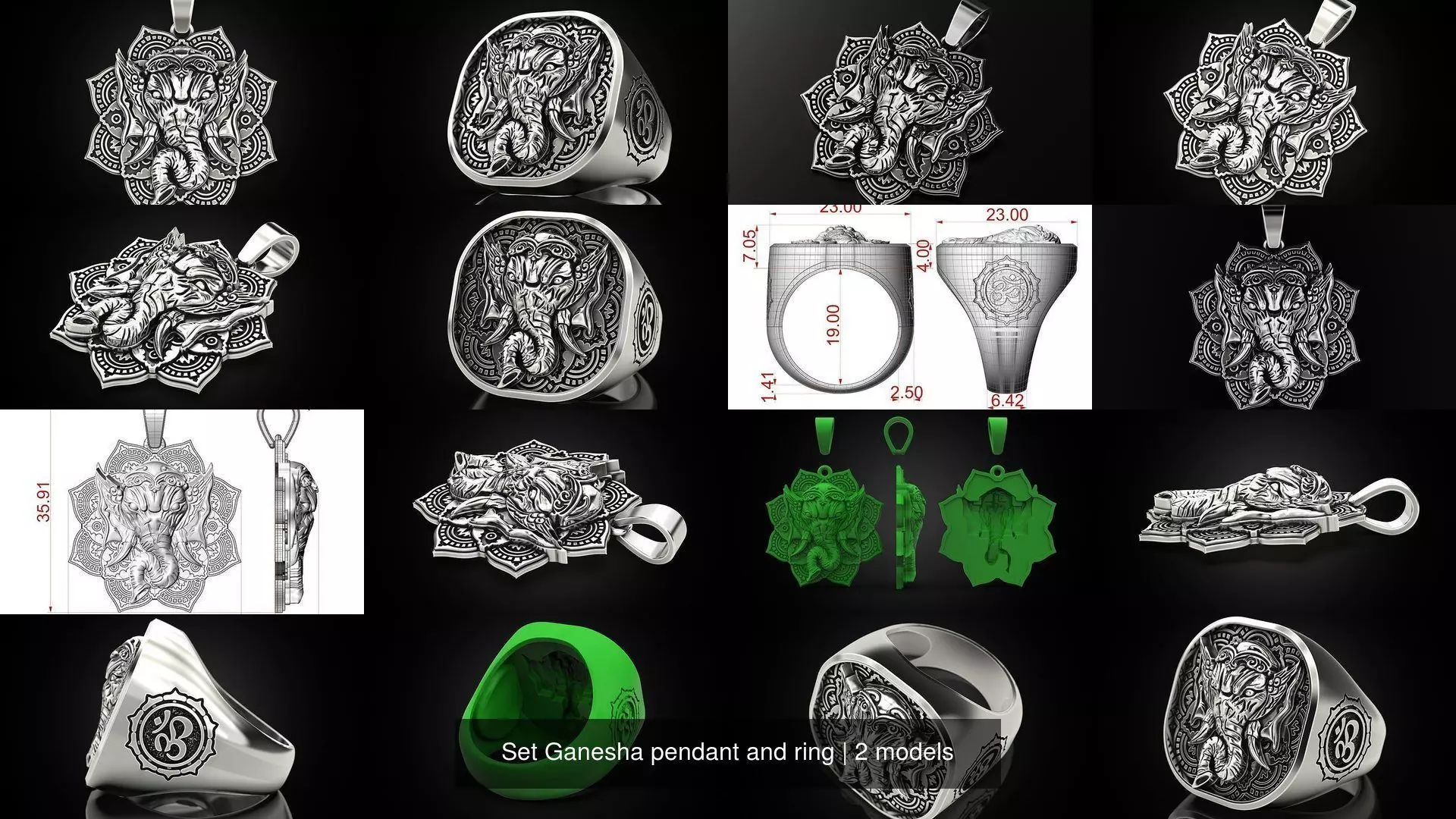 Set Ganesha pendant and ring 3D Model Collection_1