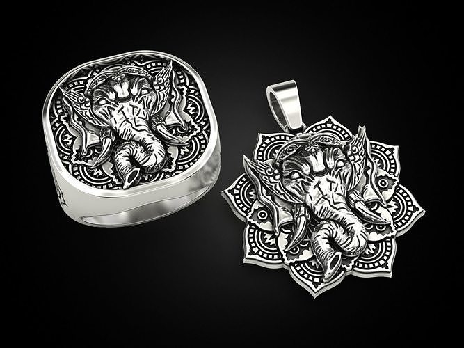 Set Ganesha pendant and ring 3D Model Collection