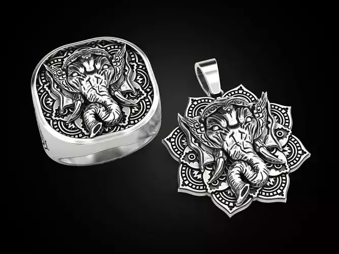 Set Ganesha pendant and ring 3D Model Collection