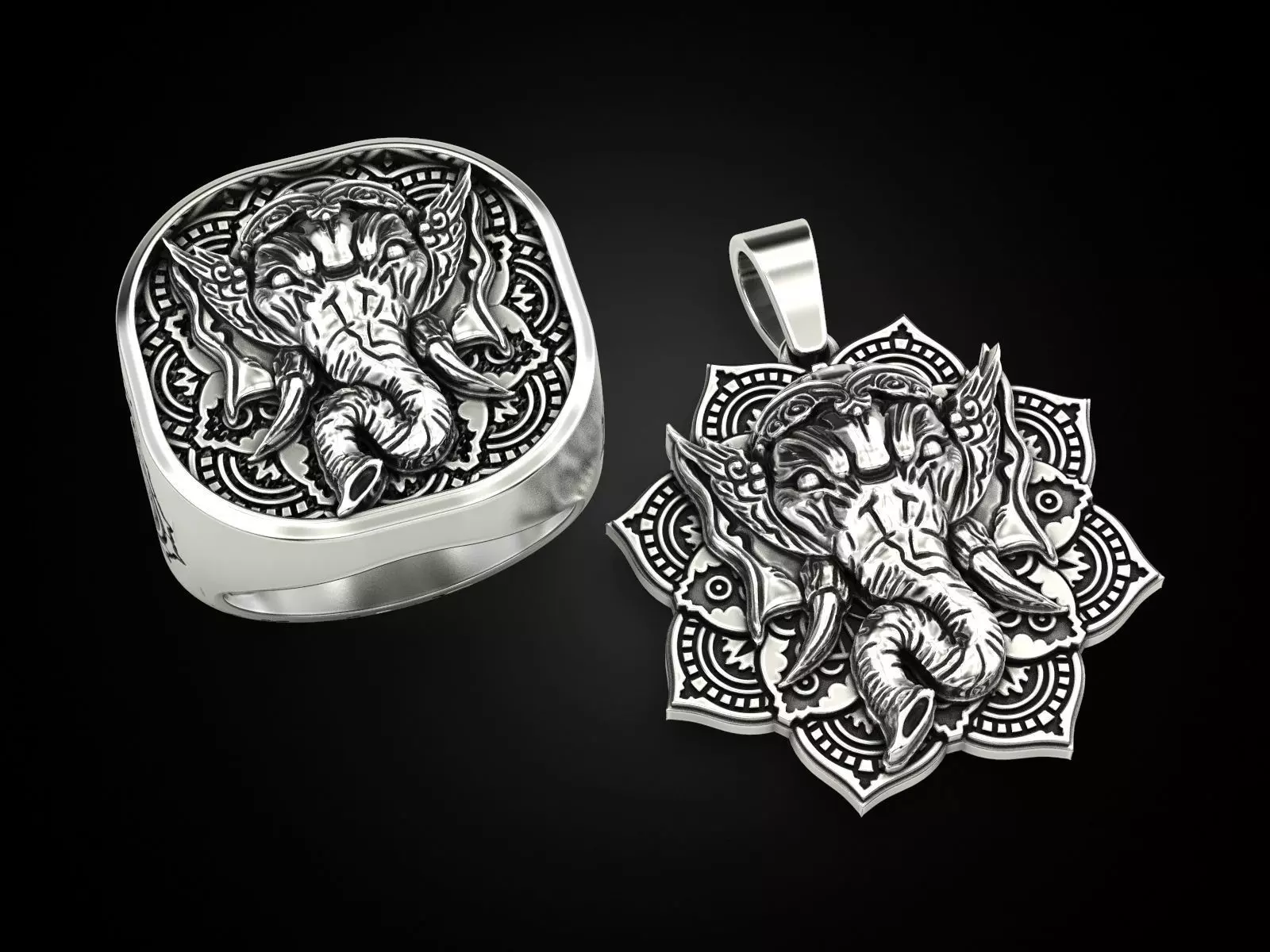 Set Ganesha pendant and ring 3D Model Collection_0
