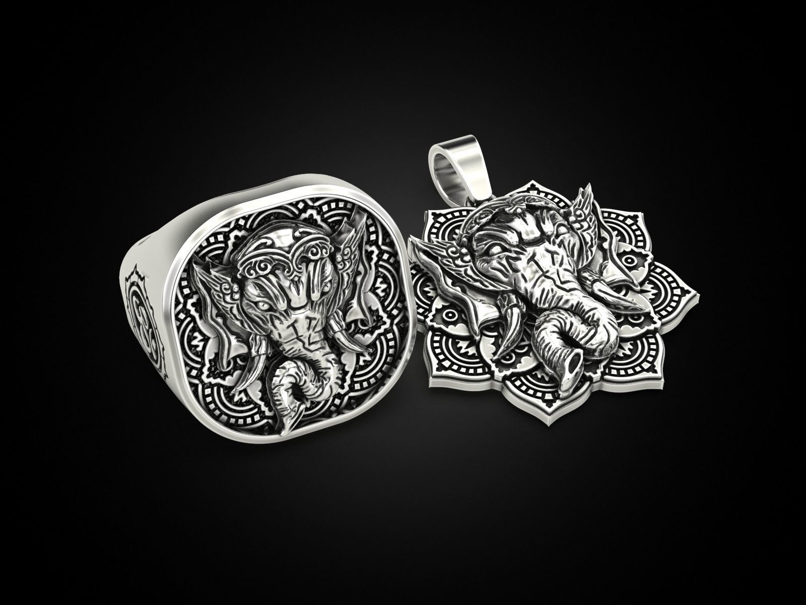 Set Ganesha pendant and ring 3D Model Collection_3