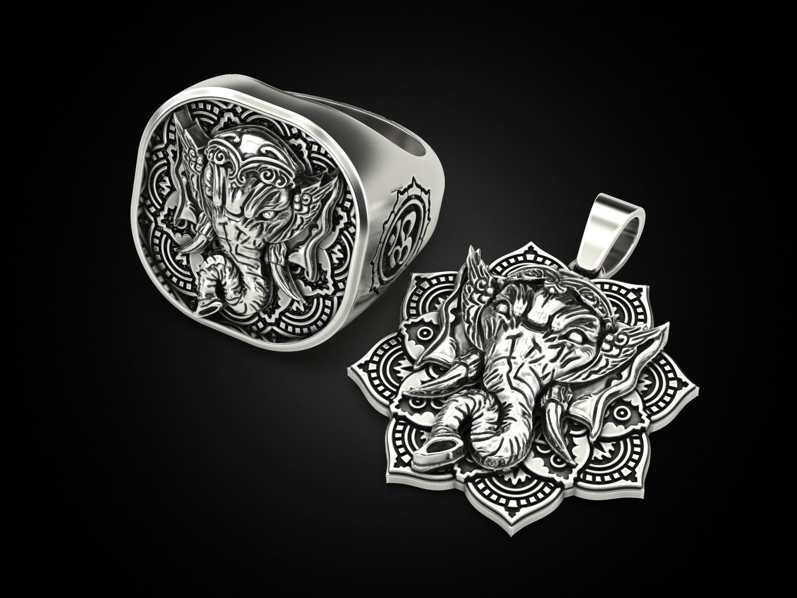 Set Ganesha pendant and ring 3D Model Collection_2
