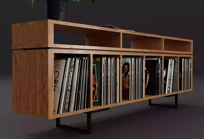 Vinyl LP Storage with Record Player Stand PBR 3D model