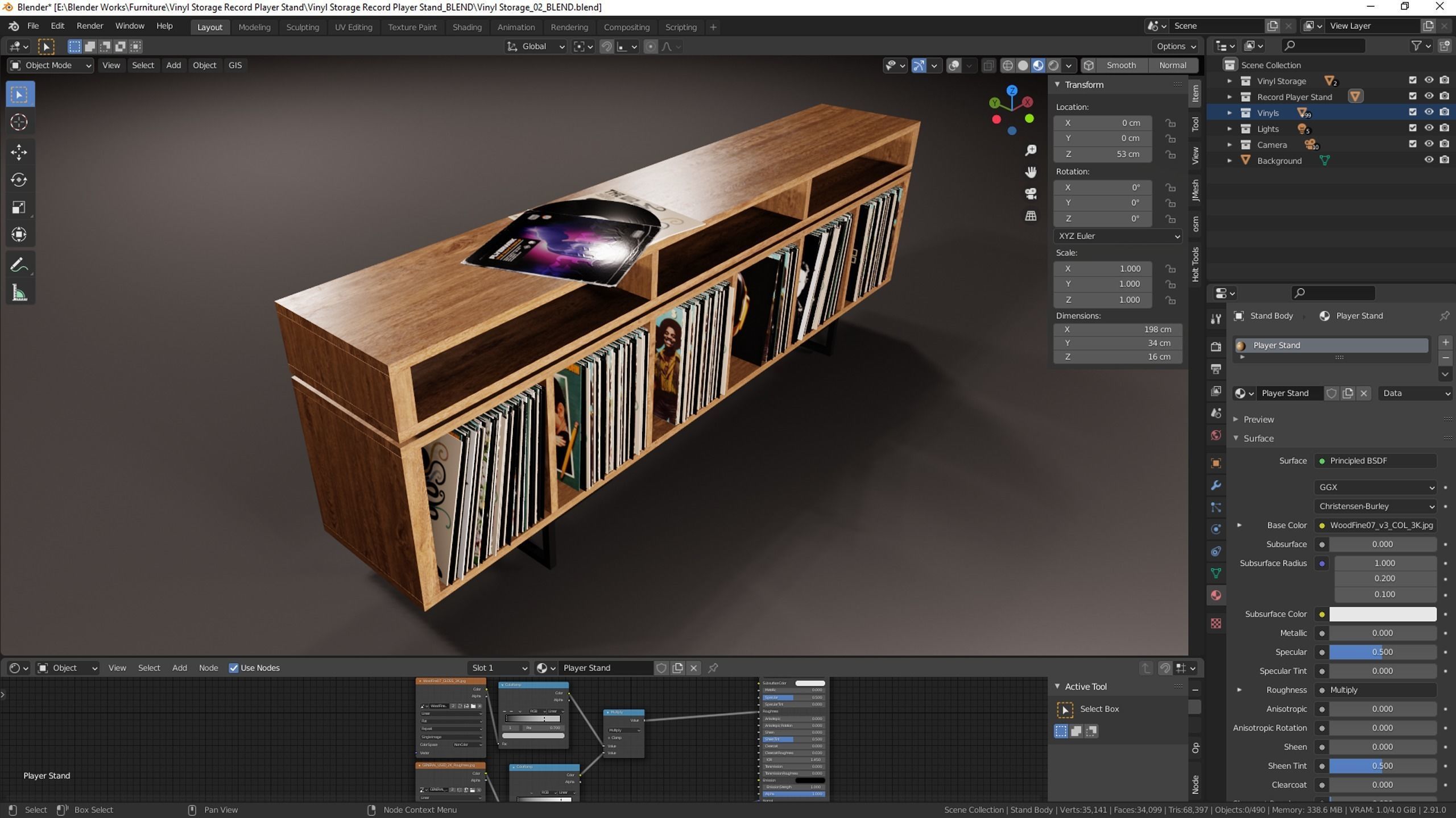 Vinyl LP Storage with Record Player Stand PBR 3D model_17