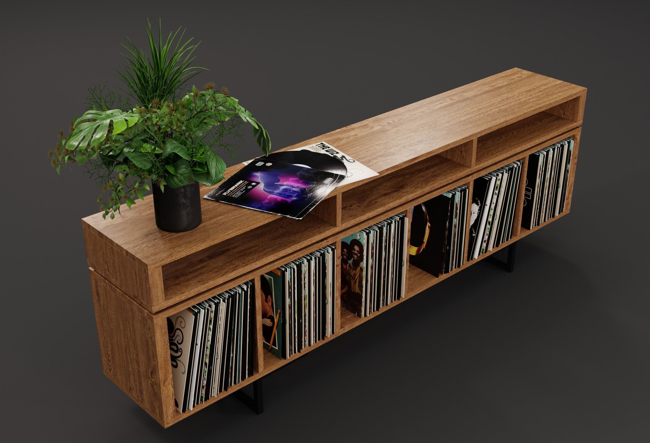 Vinyl LP Storage with Record Player Stand PBR 3D model_2