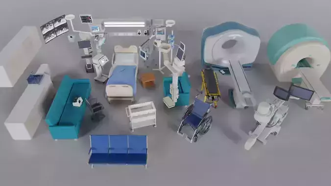 Hospital Ward Bed and Props Low-poly 3D model