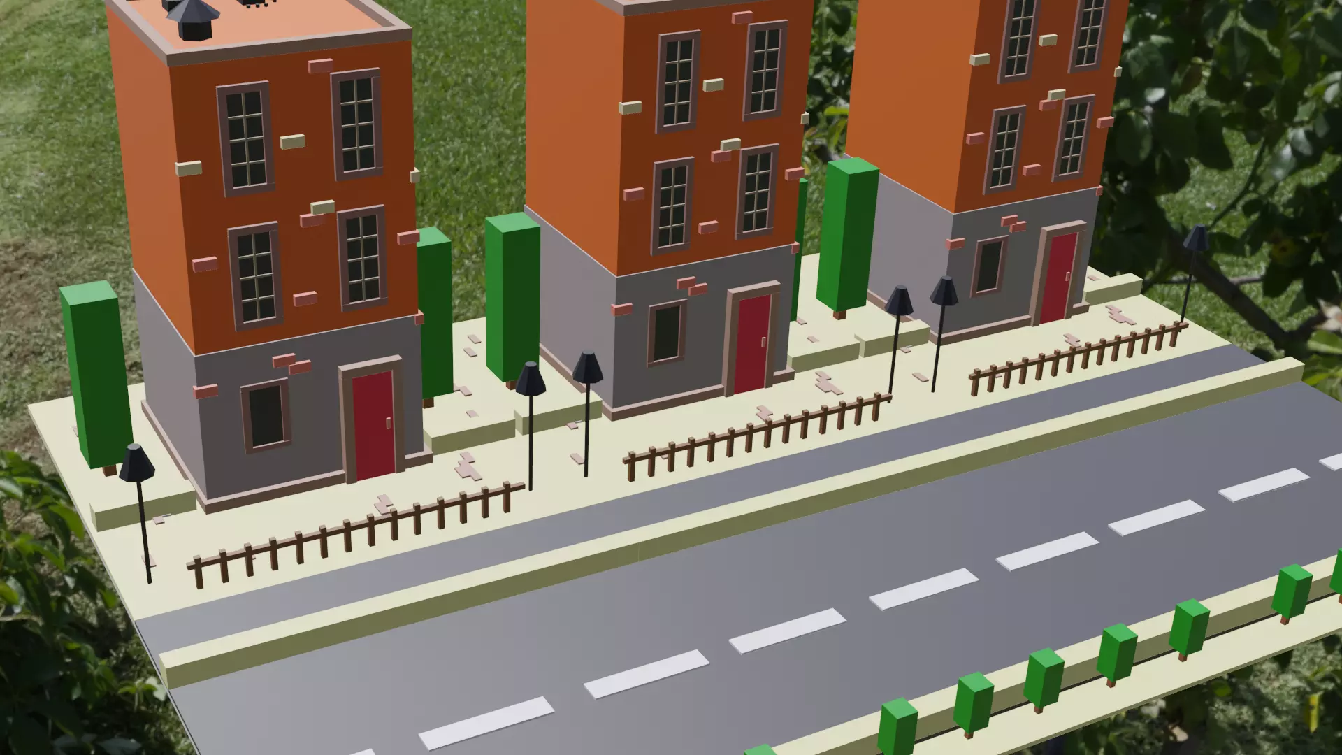 Low Poly Buildings city with houses on side of road Free 3D model