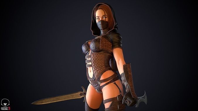 Thief woman holding sword Low-poly 3D model