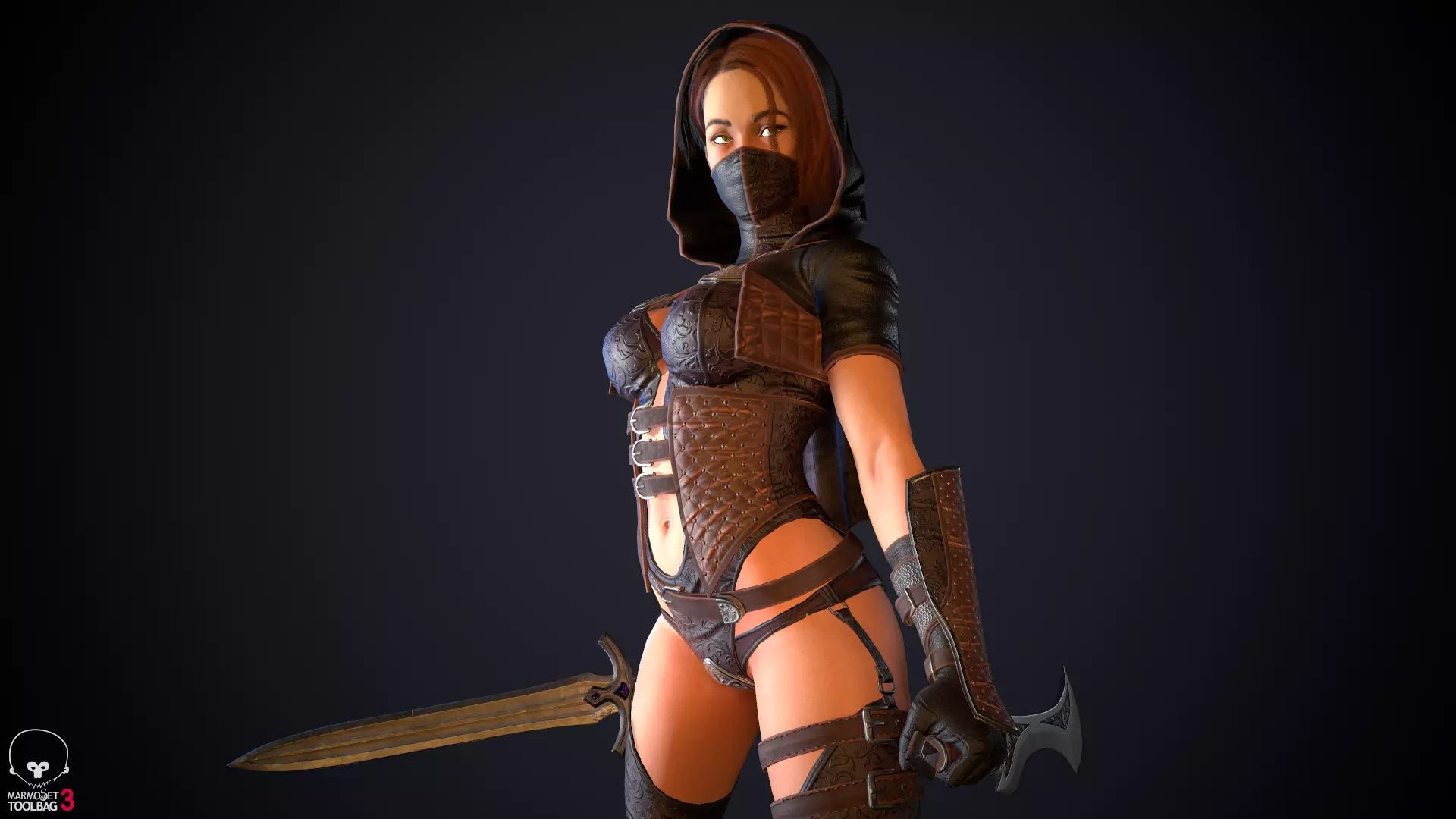 Thief woman holding sword Low-poly 3D model_0