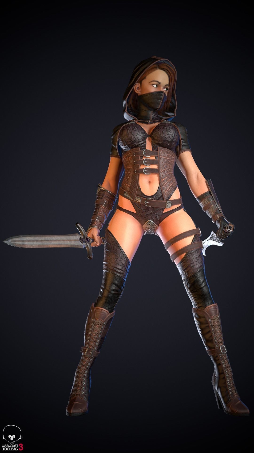 Thief woman holding sword Low-poly 3D model_6