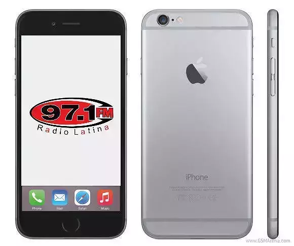 IPHONE 6 silver with radio station logo